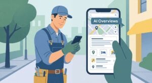 Illustration d'un artisan plombier consultant Google Maps sur smartphone avec les résultats AI Overviews visibles à l'écran